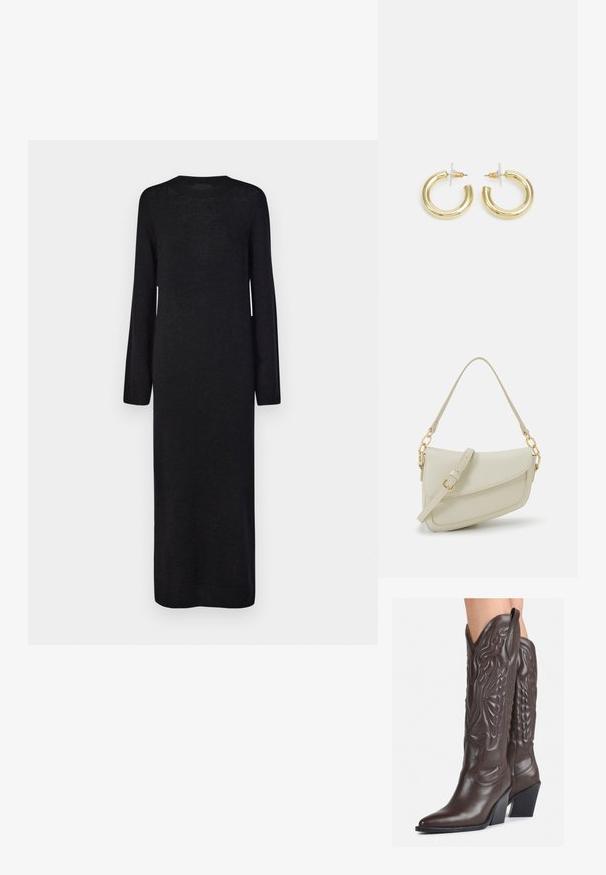Juodas, ilgomis rankovėmis megztas suknelė su apvali apačia ir tiesia siluetu, papildyta raukšlėmis rankogaliais ir apačia, kad suteiktų tekstūros.; Rudos odinės kaubojaus batai su smailiu priekiu ir blokuotu kulnu, pasižymintys detaliu siuvinėjimu ir iškiliais akcentais ant ašies.; Mažas kreminis rankinukas su tekstūruotu paviršiumi, ilga reguliuojama juostele, grandinėle ir užsegimu su atvartu. Aukso detalės.; Aukso auskarai su lygiu, blizgiu paviršiumi. Apvalus dizainas su maža užrakto dalimi ir skaidria atrama saugiam nešiojimui.