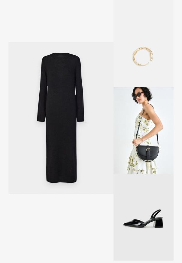 Melna, garām piedurknēm adīta kleita ar apaļu kakla izgriezumu un taisnu siluetu, kurai ir ribotas piedurknes un apakšmala, piešķirot papildus faktūru.; Melna lakota āda ar atvērto papēdi, ar smailu purngalu un ģeometrisku blokpapēdi. Iezīmējas elegants, minimāls dizains un gluda tekstūra.; Melnas ādas rokassoma ar izliekta formu, noņemamu siksnu un zelta aksesuāriem. Somai ir vāciņš ar sprādzes detaļu.; Zelta toņa gredzens ar organisku, vērptu dizainu, gludu virsmu un sašaurinātiem galiem, radot mūsdienīgu, skulpturālu izskatu.