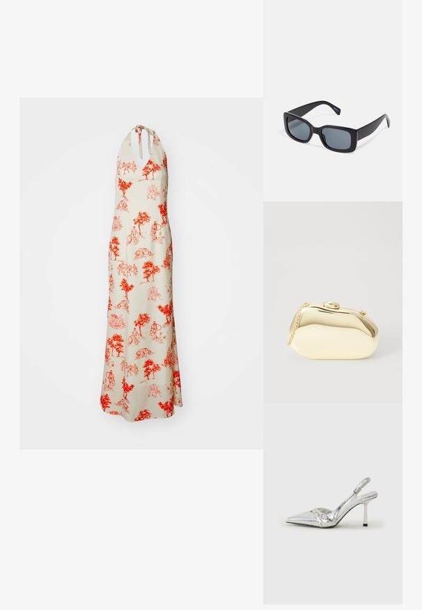 Vestido maxi em tecido creme apresentando ilustrações vermelhas de árvores e pessoas, com detalhe de nó no decote halter, silhueta fluida e comprimento até o tornozelo.; Sapato de salto alto slingback prateado com bico fino, acabamento metálico, duas correias decorativas e um salto esbelto com ponta preta.; Óculos de sol retangulares pretos com lentes escuras, armação de plástico espessa e hastes largas. Superfície lisa e design angular.; Clutch metálico dourado com uma forma suave e arredondada, apresentando um fecho de botão superior e uma pequena alça em corrente para transporte.
