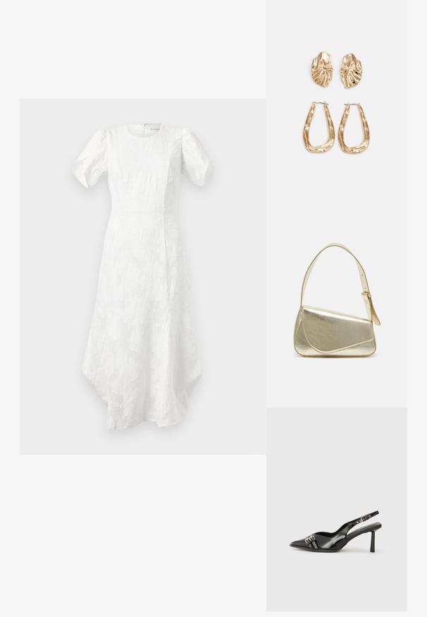 Fehér midi ruha puffos rövid ujjakkal, kerek nyakkivágással, textúrált virágmintával, feszes derékkal és aszimmetrikus szegéllyel.; Fekete lakk bőr, hegyes orrú slingback cipő, boka pántokkal, ezüst csatokkal és hardverelemekkel, valamint karcsú sarkú.; Arany fémes kézi táska, strukturált dizájnnal, sima felülettel és állítható pánttal. Egyedi háromszög alakú, minimalistának mondható varrásokkal rendelkezik.; Aranyszínű fülbevalók, texturált, hullámos formákkal. Tartalmazza a szobrászati klipszes studokat és az open hoop kialakítást, kalapácsos felülettel.