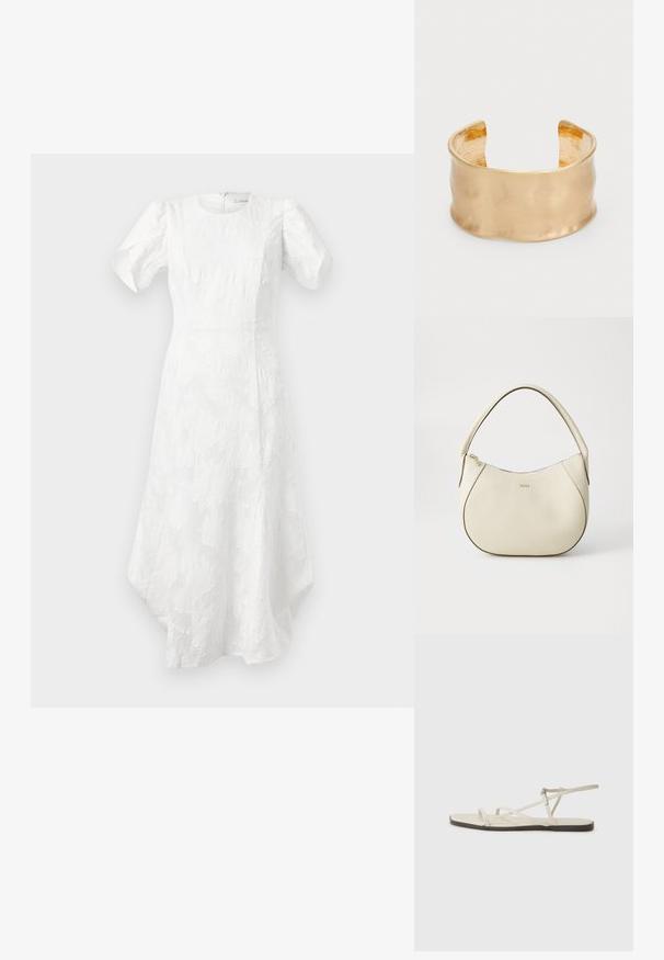 Balta midi suknelė su pūstomis trumpomis rankovėmis, apvaliu iškirpimu, tekstūriniu gėlių raštu, prigludusia liemene ir asimetrišku sijonu.; Bežiniai plokšti sandalai su keliais lieknais dirželiais ir reguliuojamu užsegimu. Padas plokščias, su lengvu tamsiu kontrastu krašte.; Grietos spalvos rankinė su tekstūruotu paviršiumi, kreivos formos, trumpa rankena ir auksinės spalvos logotipo detalė. Užtrauktuko uždarymas viršuje.; Auksinės spalvos apyrankė su lygiu, banguotu paviršiumi, turinti tekstūruotą vidų ir atvirą dizainą, sukuriantį organišką formą.