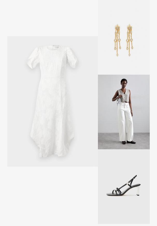 Vit midiklänning med puffärmar, rund halsringning, texturerat blommönster, figurnära midja och asymmetrisk fåll.; Svarta klacksandaler med flera smala remmar, slingbackdesign och en silveraccent på klacken. Slät ovandel av material och fyrkantig klack.; Grå kortärmad väst med knappar, kombinerad med vita vida jeans och svarta platta skor. Accessoarer med en liten silverfärgad fransväska.; Guldtonade örhängen med flera fallande kedjor, prydda med klara ovala rhinestone-accenter och dekorativa stuvar.