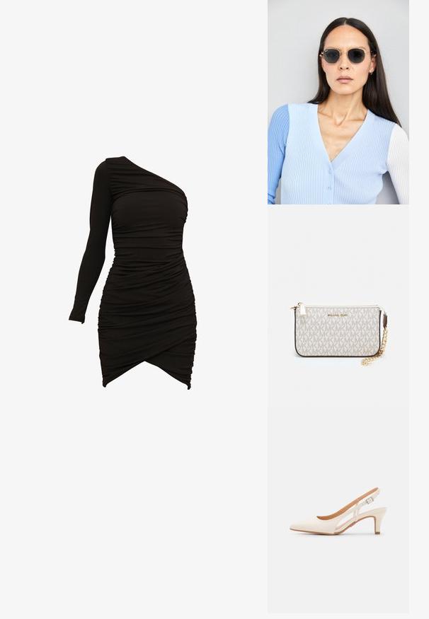 Melnas vienplecu kleitas, izgatavotas no elastīga materiāla, ar ručotiem akcentiem un asimetrisku apakšmalu, nodrošinot pieguļošu siluetu.; Baltas siksniņveida papēdis ar smailu purngalu, gludu augšējo materiālu, zemu blokpapēdi un sānu izgriezumu dizainu ar regulējamu sprādzi.; Apaļas saulesbrilles ar tumšiem objektīviem un zeltītām rāmēm. Modelis valkā gaiši zilu, ribotu kardigānu ar pogām un kontrastējošām baltām piedurknēm.; Michaela Korsa rokassomi bez̦ā īšojuma, kas izgatavota no apklāta kanvas, iekļaujot atkārtotu MK logotipa rakstu, zelta aparatūru un noņemamu ķēdes siksnu.