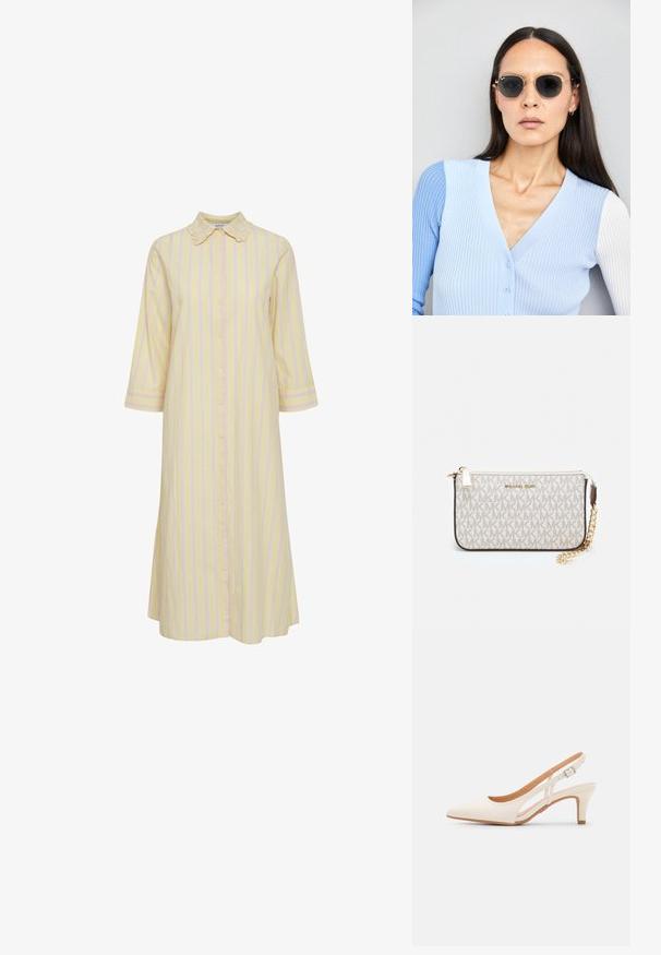 Robe rayée en jaune clair avec des rayures verticales roses. Comprend un devant boutonné, un col et des manches trois-quarts. Texture de tissu lisse.; Talons aiguilles blanches à bride arrière avec un bout pointu, un dessus lisse, un petit talon carré et un design avec découpes latérales et sangle réglable.; Lunettes de soleil rondes avec verres sombres et monture en or. Le modèle porte un cardigan à côtes bleu clair avec des boutons et des manches blanches contrastantes.; Porte-monnaie Michael Kors en toile enduite beige avec un motif répété de logo MK, des accessoires en or et une bandoulière en chaîne amovible.