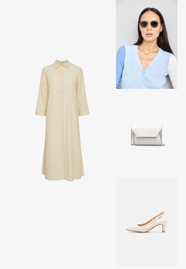 Dryžuota suknelė šviesiai geltona su rožinėmis vertikaliomis juostomis. Savybės: mygtukų priekis, apykaklė ir trijų ketvirčių rankovės. Lygi audinio tekstūra.; Balti slingback kulniukai su smailiu pirštu, lygia viršutine medžiaga, žemu blokuotu kulnu ir šoniniu išpjovimu su reguliuojamu sagtimi.; Apskriti saulės akiniai su tamsiais objektyvais ir auksiniais rėmeliais. Modelis vilki šviesiai mėlyną, raukinį kardiganą su mygtukais ir kontrastingomis baltomis rankovėmis.; Balta voko dėklas, pagamintas iš lygios odos, su sidabrine grandinėlės dirželiu ir metaliniu akcentu priekyje. Minimalistinis dizainas ir trikampio forma.
