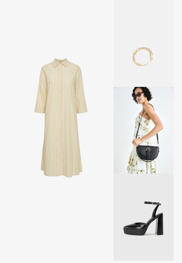 Svītrains kleita gaiši dzeltenā krāsā ar rozā vertikālajām svītrām. Aprīkota ar pogu priekšpusi, apkakli un trīcuļveida piedurknēm. Gluda auduma tekstūra.; Melnas platformas papēžs ar norādītu purngala formu un regulējamu potītes siksniņu. Izgatavotas no gludas ādas, ar masīvu bloku papēdi.; Melnas ādas rokassoma ar izliekta formu, noņemamu siksnu un zelta aksesuāriem. Somai ir vāciņš ar sprādzes detaļu.; Zelta toņa gredzens ar organisku, vērptu dizainu, gludu virsmu un sašaurinātiem galiem, radot mūsdienīgu, skulpturālu izskatu.