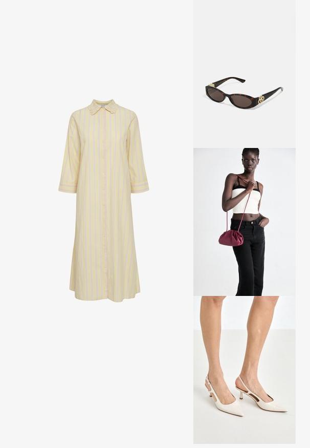 Vestido a rayas en amarillo claro con rayas verticales rosas. Presenta un cierre de botones en la parte delantera, un collar y mangas de tres cuartos. Textura de tela suave.; Tacones slingback de charol beige con punta afilada y un tacón de 5 cm, con lados recortados y una delgada correa en el tobillo.; Gafas de sol carey con lentes ovalados alargados, tintado marrón, acentos de logo dorado en las patillas y brazos negros elegantes.; Bolso de tela suave en burdeos con un diseño fruncido y una correa larga, usado cruzado. La modelo lleva una camiseta corta blanca y jeans negros.