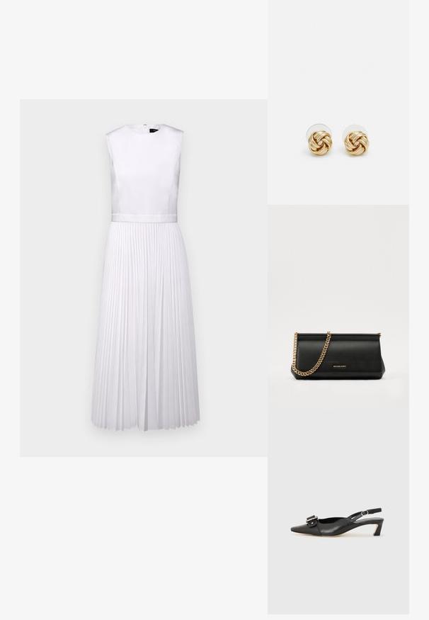 Vestuário branco plissado com decote redondo, design sem mangas e corpete de cetim. Apresenta uma cintura definida e uma saia fluida.; Sandal com correia preta em pele, com bico fino, pequeno salto e detalhe de fivela decorativa na parte superior. Textura suave, design minimalista.; Mala de mão de couro preta com uma alça de corrente dourada, apresentando uma textura suave, forma retangular e uma marca gravada na parte da frente.; Brincos de pressão em tom dourado com um design torcido. Cada brinco possui uma base circular transparente para um uso seguro.