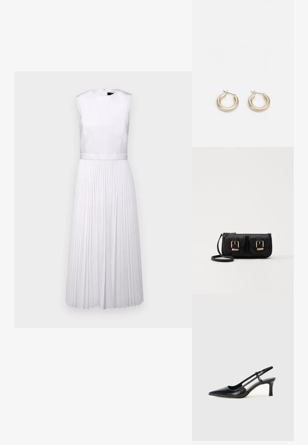 Biela plisovaná šaty s okrúlym výstrihom, bezrukávový dizajn a saténovým korzárom. Obsahuje definovaný pás a splývavú sukňu.; Čierne patentové slingback topánky na ihlovom podpätku s špicatou špičkou, s textúrovaným hadím vzorom, nastaviteľným popruhom a krátkym, textúrovaným blokovým podpätkom.; Čierna kožená crossbody taška s dvoma prednými vreckami, zlatými sponami, zipsovým uzatváraním a úzkym popruhom. Štruktúrovaný povrch a kompaktný obdĺžnikový tvar.; Lauren Ralph Lauren BASIC SMALL HOOP - Náušnice - gold-coloured