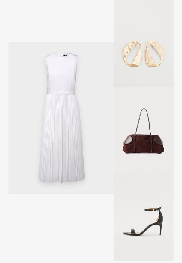 Valkoinen laskostettu mekko, jossa on pyöreä kaula-aukko, hihaton muotoilu ja satiininen yläosa. Sisältää määritellyn vyötärön ja virtaavan hameen.; Musta nahkainen korkokenkä nilkkahihnalla. Sen pinta on sileä, avotoppi ja ohut korko. Kultasävyinen solk yksityiskohtana.; Ruskea mokkavuori laukku nahkaakkosilla, jämäkkä muoto, kaksinkertaiset olkahihnat ja pyöristetyt reunat, joissa on sileä pinta ja minimaalinen varustus.; Pari epämuodostuneita soikeita kultasävyisiä metallikorvakoruja, joissa on teksturoitu, hieman hakattu pinta valkoista taustaa vasten.