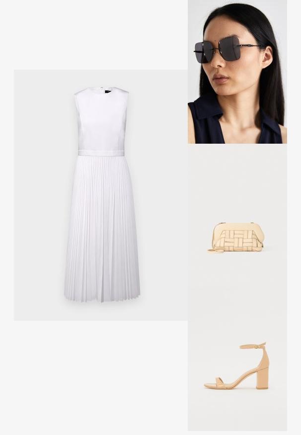 Rochie albă plisată cu decolteu rotund, design fără mâneci și bust din satin. Prezintă o talie definită și o fustă fluidă.; Sandale cu toc din piele patent nud, cu vârf pătrat, curea pentru glezna și toc masiv. Textură netedă și detalii de design minimale.; Ochelari de soare negri, supradimensionați, cu lentile pătrate, cu rame subțiri negre și accente cu modele complexe pe temple. Purtați de un model cu părul lung și negru.; Geantă bej țesută cu un design structurat, având un capac neted și o curea lungă. Detaliile texturate îmbunătățesc aspectul general.