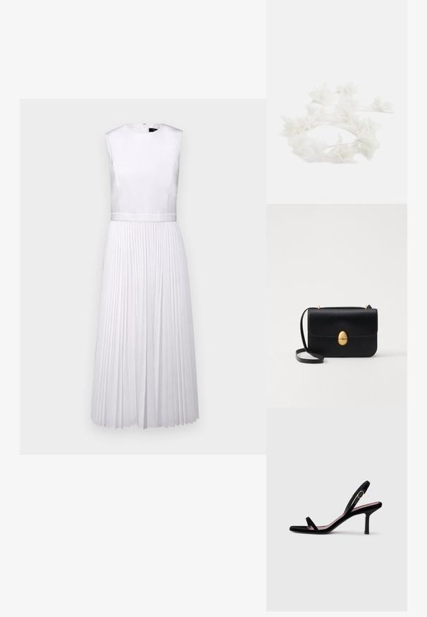 Valge pleeditud kleit ümmarguse kaelusega, ilma varrukateta disain ja satiinist kehaosa. Omab määratletud vööd ja voolavat seelikut.; Mustmust naiste kõrge kontsaga sandaalid mustast nahast kitsaste rihmadega ja kullavärvi pandlaga valgel taustal, külgvaade.; Must kase nahast käekott, millel on struktureeritud ristkülikukujuline kuju. Omab kuldset ovaalset lukku ja õhukest õlavarre rihma. Sile tekstuur.; Valge kroonlehtedest lillekumm, millel on õhuke ja paindlik riba. Kroonlehed on pehmed ja kerged, luues õrna, kihilise välimuse.