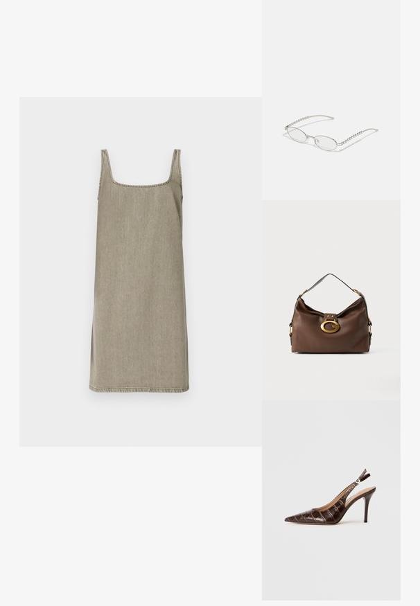 Bešalčio, kvadrato formos iškirptės suknelė šviesiai pilkos džinsinės medžiagos. Ypatumai: tiesus kirpimas su šoninėmis plyšiais ir kontrastinga siūlė iškirptės aplinkoje.; Ruda, krokodilo raštuota odinė slingback aukštaaulė su smailiu nosiu, atvirais šonais ir plonu aukštu kulnu. Sukurta su sagties reguliavimu.; Ovalios akiniai su metaliniu sidabriniu rėmu, skaidriais objektyvais ir tekstūruotais karoliukų akcentais ant šventyklų. Lengvas dizainas su kreivomis šakėmis.; Ruda odinė rankinė su tekstūruotu paviršiumi, turinti auksinės spalvos užsegimą ir vieną išlenktą petį.