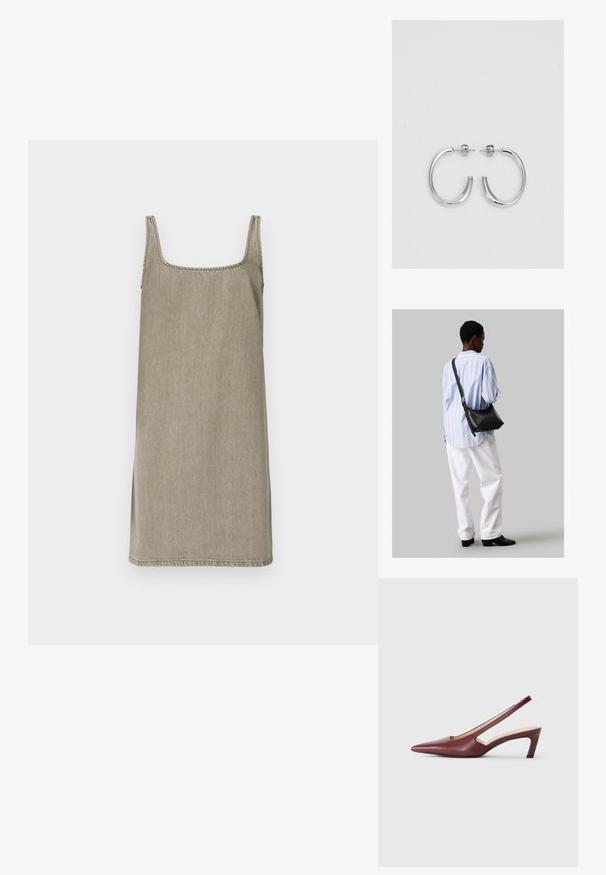 Bešalčio, kvadrato formos iškirptės suknelė šviesiai pilkos džinsinės medžiagos. Ypatumai: tiesus kirpimas su šoninėmis plyšiais ir kontrastinga siūlė iškirptės aplinkoje.; Burgundiškai raudoni slingback aukštakulniai bateliai su smailiu pirštu, išpjovimais šonuose ir vidutinio aukščio blokiniu kulnu. Lygus odos paviršius.; Juodas odinis petinis krepšys su minkšta tekstūra, trikampiu pavidalu ir reguliuojama juosta, derinamas su šviesiai mėlynu dryžuotu marškinėliu ir baltais džinsais.; Sidabrinės auskarai žiedai su lygiu, blizgiu paviršiumi. Suapvalinta forma, lengvas dizainas, su uždarymu ant smeigtuko.