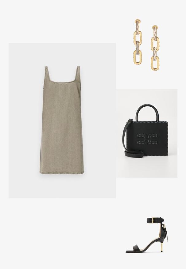 Kätistega, ruudukujulise kaelusega kleit heleda halli denimiga. Omab sirget lõiget külgsugete ja kontrastõmblustega kaeluse ääres.; Must musta kõrge kontsaga sandaal ruudukujulise varbaga, puusapael ja kuldse solgiga ning saledat metallist kontsaga. Sile tekstuur, minimalistlik disain.; Elisabetta Franchi WOMEN'S BAG - Käekott - nero; Kullatud jalgraduppidega kõrvarõngad, millel on selge kristalliga kaunistatud disain, graveeritud "GUESS" bränding ja sile viimistlus.