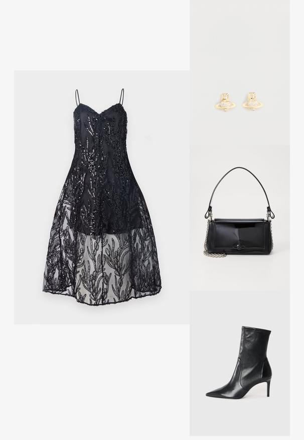 Svart klänning med en figursydd bodice med tunna band, prydd med paljetter på spets, och en flytande transparent spetskjol med bladmönster.; Svarta ankelskor i slät läder, med spetsig tå, åtsittande skaft och en smal hög klack. Minimalistisk design utan synlig hårdvara.; Svart lackläderhandväska med rektangulär form, kedjestropp och en distinkt hårdvaruaccent i mitten. Slät textur.; Guldtonade studörrhängen med en Saturn-design, en texturerad band och inlagda cirkulära kristaller för extra glans.