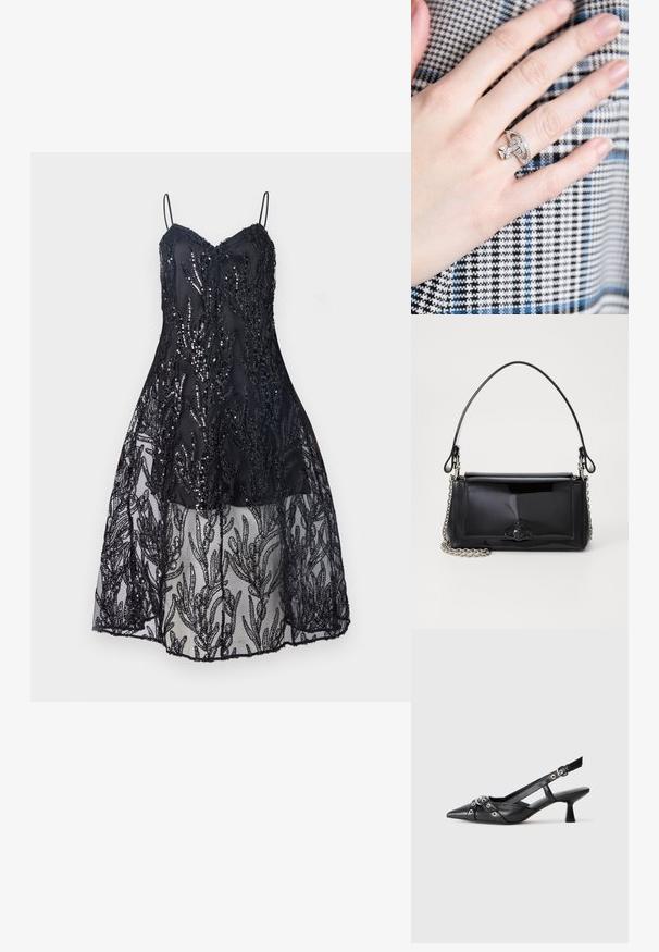 Melnā kleita ar pieguļošu augšdaļu, plāniem siksniņām, izrotāta ar spīdumiem uz mežģīnēm, un plūstošu caurspīdīgu mežģīņu svārku ar lapu rakstiem.; Melnas ādas šlipsveida kurpes ar norādītu purngalu, dekoratīvām joslām ar metāla acīm un zemu bloku papēdi. Teksturēta virsma.; Melnas lakotas ādas rokassomi ar taisnstūra formu, ķēdes siksnu un izteiksmīgu metāla aksesuāru centrā. Gluda tekstūra.; Sudraba gredzens ar mezgla dizainu, izrotāts ar maziem cauriem akmeņiem, parādīts uz rokas pret raibu tekstilu.