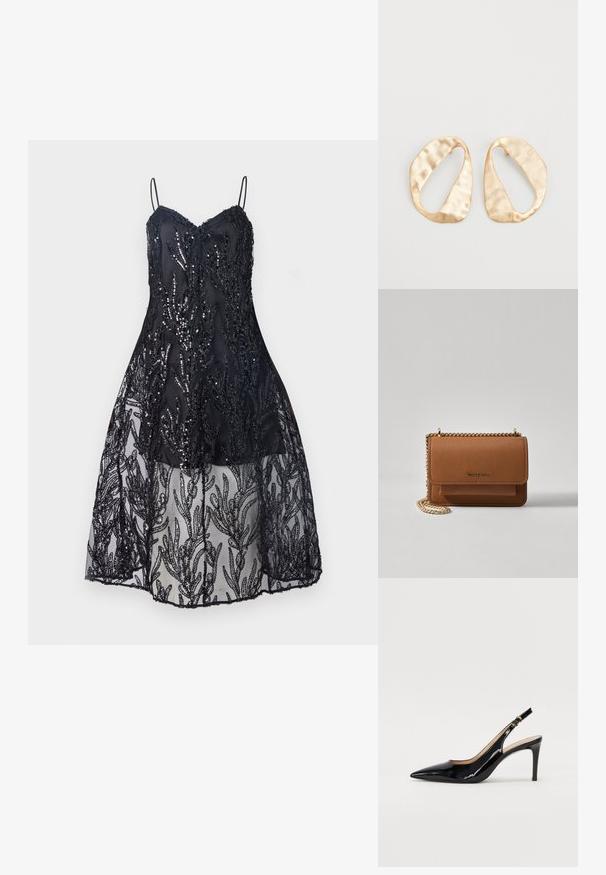 Juoda suknelė su prigludusia liemene ir plonomis petnešėlėmis, papuošta pailgintais sekiniais ant nėrinių, ir pliūpsnė perregima nėrinių sijonas su lapų raštais.; Juodas lakinės odos slingback batelis su smailiu nosiu, plonu kulnu ir subtiliu išpjovos dizainu. Yra auksinė sagtis ant dirželio.; Ruda tekstūruota odinė per petį nešama rankinė su auksiniu grandininiu dirželiu ir užlenkiamo užsegimo. Priekinėje pusėje yra logotipo detalė ir kišenė po užlenkimu.; Nedidelis nereguliarus ovalo formos aukso tono metalinių auskarų pora su tekstūruota, šiek tiek kalta paviršiumi ant balto fono.