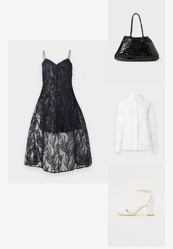 Čierne šaty s priliehavým korzetom s tenkými ramienkami, zdobené flitrami na čipke a splývavou priesvitnou čipkovou sukňou s listovými vzormi.; Biela košeľa s dlhým rukávom vyrobená z hladkej bavlny, s špicatým golierom, centrálnou zapínacou klapkou a priamym lemom s gombíkovými manžetami.; Biele kožené sandále na blokovom podpätku s remienkom okolo členku a minimalistickým dizajnom. Otvorená špička a hladké textúry po celom povrchu.; Čierna tkaná kabelka s lesklým povrchom. Má dve pletené rúčky a priestranný trojuholníkový tvar. Po celom povrchu je textúrovaný tkaný vzor.