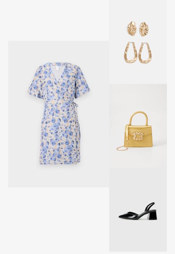 Vestido em forma de envelopamento feito de um tecido leve e texturizado, apresentando um padrão floral azul sobre um fundo claro. Mangas curtas e um laço na cintura.; Sandy em verniz preto com salto slingback, ponta afilada e salto geométrico. Apresenta um design elegante e minimalista com textura suave.; Bolsa amarela em pele de crocodilo falsa, com um design estruturado, pega no topo, alça de corrente removível e decoração de cristal no fecho.; Brincos em tom de ouro com formas onduladas e texturizadas. Inclui studs escultóricos com presilha e um design de argola aberta com um acabamento martelado.
