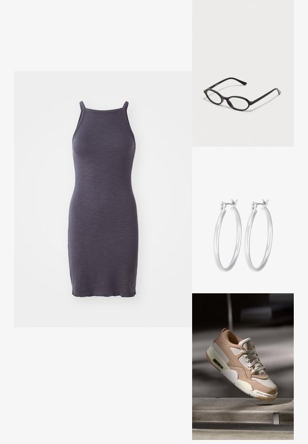 Ribota kūno apsiaustas tamsiai purpurinės spalvos, su plonomis petnešėlėmis ir prigludusia siluetu, pagamintas iš elastingo mezginio audinio.; Beige ir baltos sportbačiai su lygaus odos ir zomšos apdaila, pasižymintys paminkštintu liežuviu, raištelių priekyje ir matoma oro pagalvė.; Juodos ovalios rėmelio akinių su permatomais violetiniais akcentais ant objektyvų. Rėmeliai turi matinį paviršių ir plonus, tiesius šventykles.; Sidabriniai auskarai su sklandžiu, poliruotu paviršiumi. Apvalios formos ir saugus uždarymo mechanizmas. Lengvas dizainas, tinkantis kasdieniam dėvėjimui.