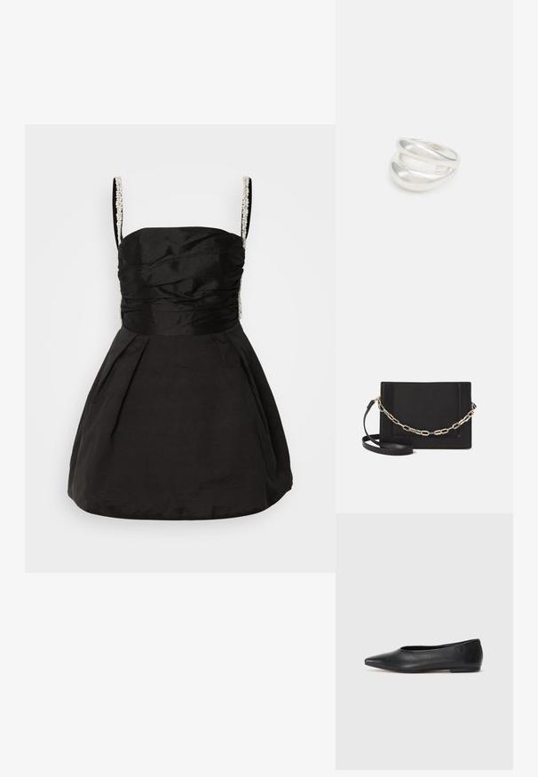 Čierne šaty s priliehajúcim korzetom a rozšírenou sukňou. Obsahujú nariasenie a perlové popruhy pre zvýšenú textúru a detail.; Čierne kožené baletky, špicatý špička, minimalistický dizajn, hladká textúra, nízky podpätok, bez viditeľných prvkov alebo ozdôb.; Čierna kožená crossbody taška s hladkou textúrou, obdĺžnikovým tvarom a kovovým reťazovým detailom na prednej strane. Súčasťou je nastaviteľný popruh.; Strieborný prsteň s dvojitým pásikom s hladkým, lesklým povrchom. Má plynulý, zakrivený dizajn s prekryvajúcimi sa časťami pre moderný vzhľad.