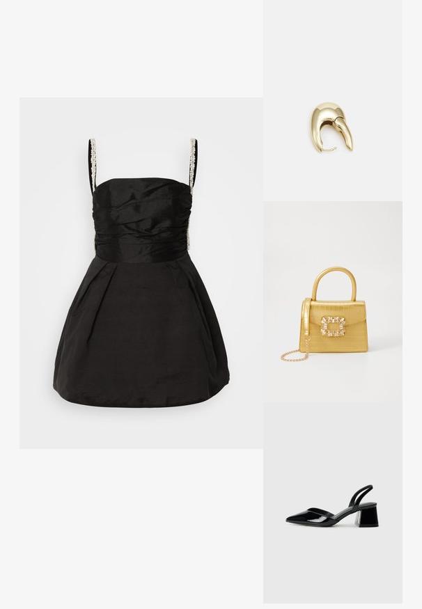 Čierne šaty s priliehajúcim korzetom a rozšírenou sukňou. Obsahujú nariasenie a perlové popruhy pre zvýšenú textúru a detail.; Čierne lakované kožené sandálové podpätky s špicatou špičkou a geometrickým blokovým podpätkom. Disponujú elegantným, minimalistickým dizajnom a hladkým povrchom.; Žltá falošná krokodília kabelka so štruktúrovaným dizajnom, horným držadlom, odnímateľným reťazovým popruhom a dekoratívnym kryštálovým ozdobením na zapínaní.; Náušnice z kovu v zlatej farbe s elegantným, zakriveným dizajnom. Majú charakteristický špicatý tvar, leštený povrch a uzáver na pánt.