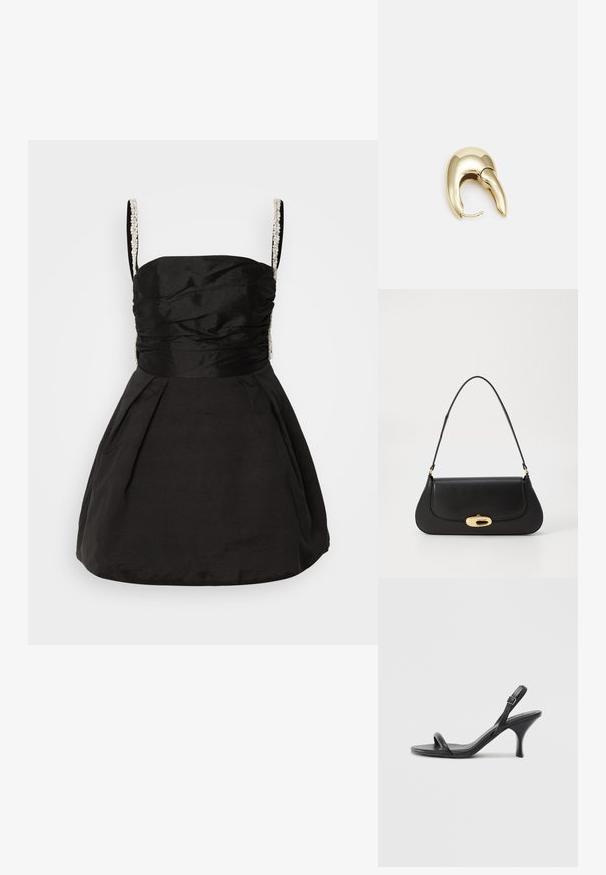 Juoda suknelė su prigludusia liemene ir plačia sijonu. Funkcijos raukiniai detalės ir karoliukai dirželiai, kad suteiktų papildomo tekstūros ir detalumo.; Juodos odinės aukštakulnės šlepetės su plonu, kreiviu kulnu ir kryžminiu dirželio dizainu. Reguliuojamas kulkšnies dirželis. Lygus paviršius.; Juodas odinis rankinės su išlenktu dizainu, auksinių atspalvių furnitūra ir viršutine rankena. Savybės - stilingas uždarymas ir glotni tekstūra.; Aukso tono metalinės auskarai su stilingu, kreiviu dizainu. Išsiskiria ryškiu smailiu pavidalu, poliruota paviršiumi ir užsegimu su vyriu.