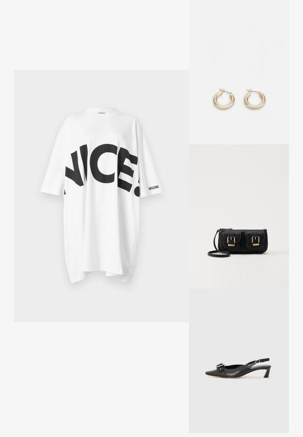 Tricou alb supradimensionat cu text mare negru "NICE." pe față. Mânici scurte și logo-ul "MOSCHINO" pe o mânecă. Țesătură moale, casual.; Pantofii negri din piele cu toc mic, vârf ascuțit și detaliu decorativ cu cataramă pe partea superioară. Textură netedă, design minimal.; Geantă neagră din piele, tip crossbody, cu două buzunare frontale, catarame aurii, închidere cu fermoar și o curea subțire. Suprafață texturată și formă rectangulară compactă.; Lauren Ralph Lauren BASIC SMALL HOOP - Cercei - gold-coloured