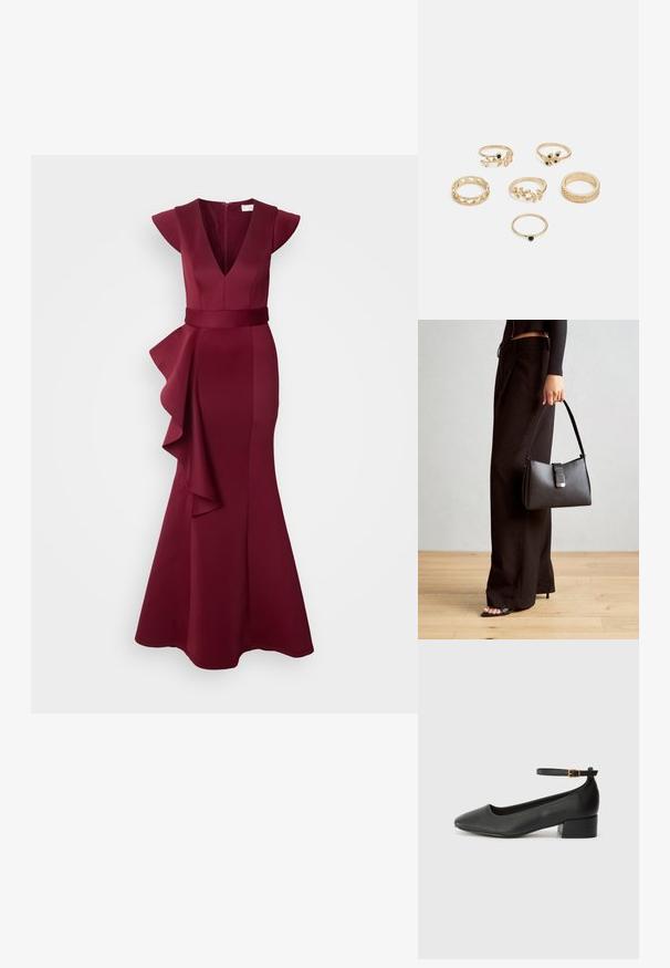 Bordo vakaro suknelė su trumpomis rankovėmis, giliu V formos iškirpimu ir juosmens juosta. Viena pusė papuošta drapiruotu volanu, pagaminta iš tekstūruotos medžiagos.; Juodas odinis aukštakulnis batelis su smailiu pirštu ir žemu bloku. Su kulkšnies dirželiu su auksinės spalvos sagtimi. Lygus paviršius.; Juodas rankinė struktūrizuota forma, lygi tekstūra ir metalinis užsegimas. Suporuota su plačiomis juodomis kelnėmis ir atvirais bateliais ant medinių grindų.; Šeši auksiniai žiedai su įvairiais dizainais: pinti, lapų motyvai ir monolitiniai žiedai; kai kurie su žalios spalvos brangakmenių akcentais.