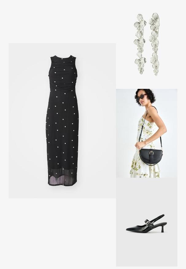 Čierne bezrúškové šaty s nariaseným živôtikom a bielymi bodkami, s polovičnou dĺžkou a priesvitným spodným lemom. Hladká textúra látky.; Čierne patentové kožené sandále na podpätku so špicatou špičkou a malým blokovým podpätkom, s dekoratívnou striebornou sponou na remienku.; Čierna kožená kabelka s zaobleným tvarom, odnímateľným popruhom a zlatými doplnkami. Kabelka má klopu s detailom s prackou.; Strieborné náušnice s kvetinovým vzorom a vrstvenými listami. Textúra vyzerá zložite a leštene, čo zvýrazňuje prírodný motív.