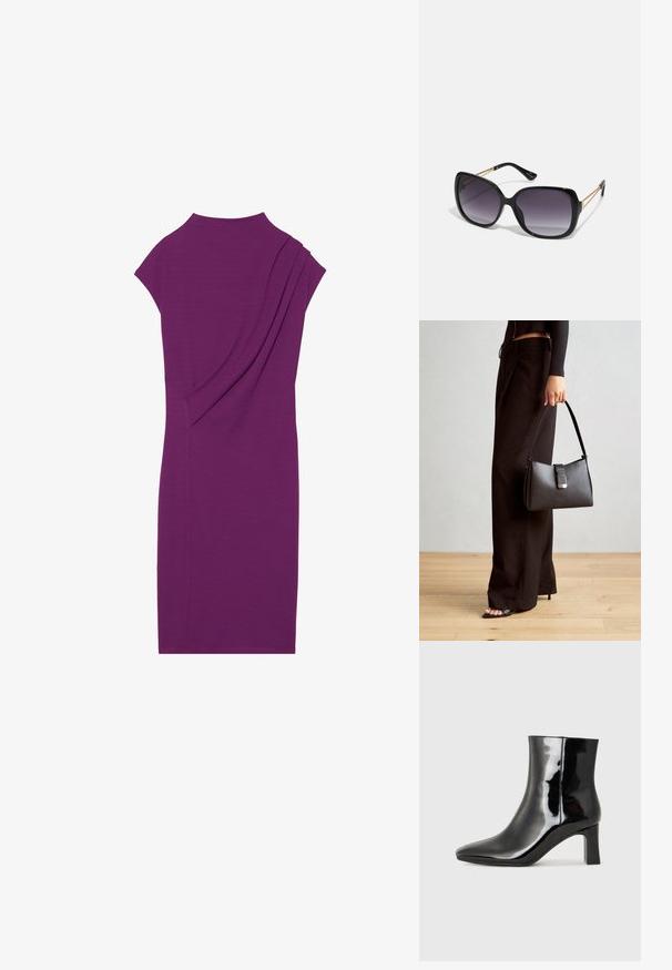Lilla midi-kleit kõrge kaelusega, lühikeste varrukatega ja volditud detailidega seljal. Sile, veniv kangas, keha lähedane disain.; Must-sinine nahkjalats musta läikiva viimistlusega, millel on terav nina ja keskmise kõrgusega plokk konts. Sile tekstuur ja minimalistik disain.; Mustad ümarad päikeseglaasid, millel on gradient objektiivid, paksud raamid ja kuldse tooni kettaga kaunistused tempelitel.; Must musta kott, millel on struktureeritud kuju, sile tekstuur ja metallist klamber. Kombineeritud laiate mustade pükstega ja avatud varvaste sandaalidega puidust põrandal.