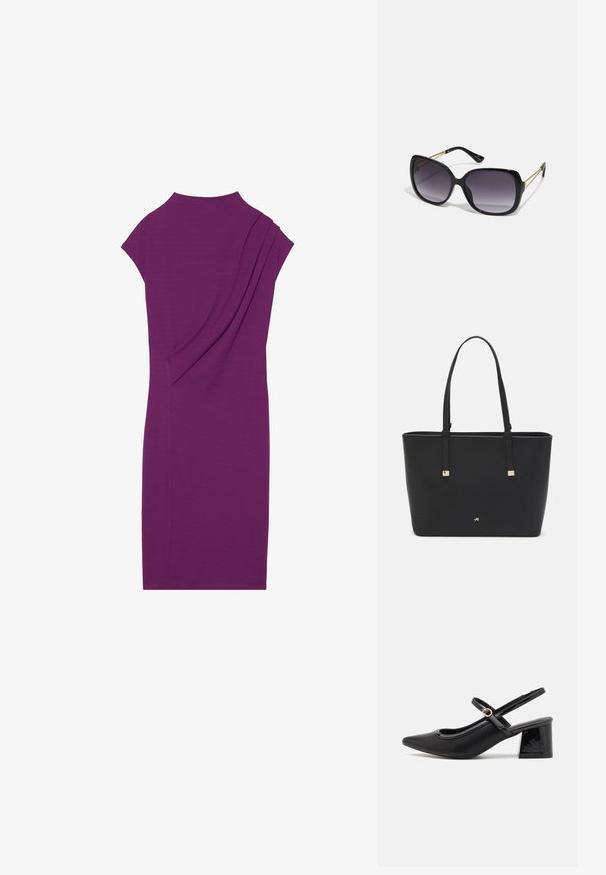 Robe midi violette avec un col montant, des manches courtes et des détails plissés à l'arrière. Tissu lisse et extensible, design ajusté.; Escarpins slingback en cuir verni noir avec un embout pointu, un design à découpes arrondies et un talon carré. Présente un accent de boucle en ton doré.; Lunettes de soleil noires surdimensionnées avec des verres dégradés, monture épaisse et détails en chaîne dorée sur les branches.; Sac fourre-tout noir en matériau synthétique, avec un design rectangulaire simple, des accents carrés dorés et des doubles poignées.