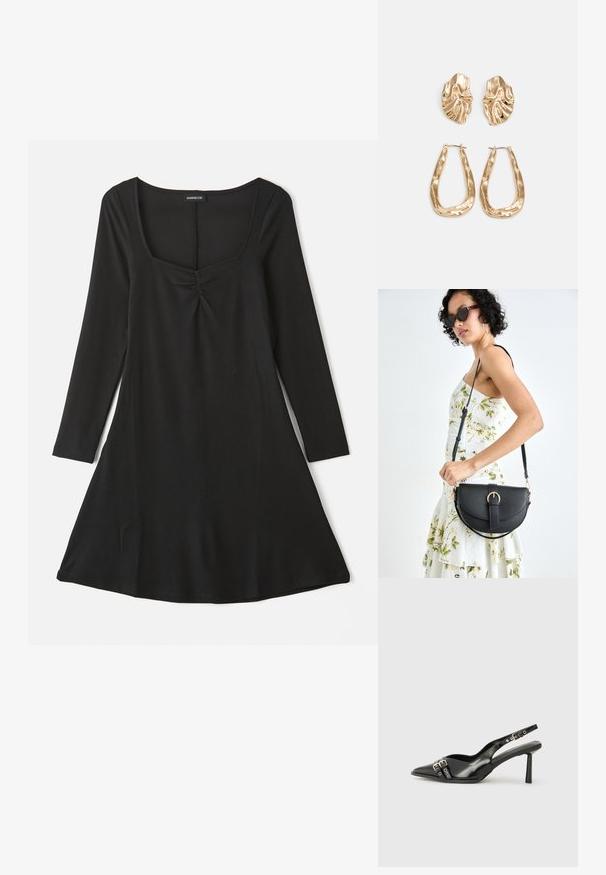 Fekete, hosszú ujjú ruha, négyzet alakú dekoltázzsal, elülső hullámos részletekkel és A-vonalú sziluettel, bordázott textúrával.; Fekete lakk bőr, hegyes orrú slingback cipő, boka pántokkal, ezüst csatokkal és hardverelemekkel, valamint karcsú sarkú.; Fekete bőrtáska ívelt formával, levehető pánttal és arany színű fémrészekkel. A táskán egy csattal díszített fedél található.; Aranyszínű fülbevalók, texturált, hullámos formákkal. Tartalmazza a szobrászati klipszes studokat és az open hoop kialakítást, kalapácsos felülettel.