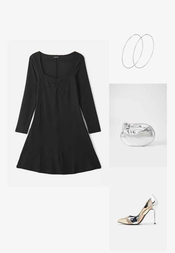 Mustas pikkade varrukatega kleit, millel on ruudukujuline kaelus, kogutud detail esiosas ja A-linjeedus ribatekstuuriga.; Kitsas toe kõrge kontsaga kingad, millel on hõbedane, kuldne ja nude värvilahendus. Läikiv viimistlus lõikekujundusega, stiletto konts.; Hõbedane metallikoti kott pehme, ümar kuju ja sõlme ülemise sulgemisega. Valmistatud siledast kunstnahast materjalist.; Hõbedased rõngastikkaehingad minimalistlikus disainis. Ümar kuju, sile tekstuur ja õhuke profiil. Kerged ning poleeritud viimistlusega.