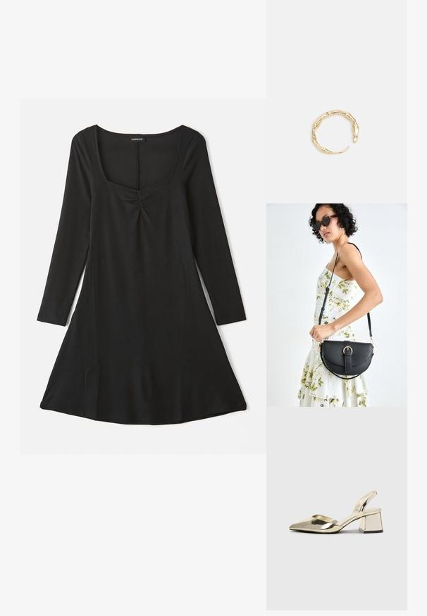 Mustas pikkade varrukatega kleit, millel on ruudukujuline kaelus, kogutud detail esiosas ja A-linjeedus ribatekstuuriga.; Kuldne, metallilised slingback-kudumid terava varba ja paksu kontsaga. Sile tekstuur, minimalistlik disain ja kitsas rihm.; Mustmust mustraha kõverate joontega, eemaldatava rihmaga ja kuldsete detailidega. Kotil on klapp, millel on pandladetail.; Kuldtoonis sõrmus, millel on orgaaniline, keerdunud disain sileda tekstuuri ja kitsenevate otstega, luues kaasaegse skulptuurilise välimuse.