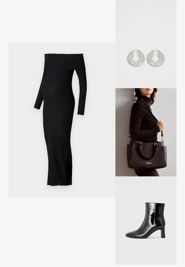 ONLY MATERNITY OLMESMERALDA DRESS - Džersio suknelė - black; Juodos lakuotos odinės aulinukės su smailiu pirštu ir vidutinio aukščio blokuotu kulnu. Lygus paviršius ir minimalistinis dizainas.; Juodas rankinės maišelis su struktūrizuota paviršiumi, dvigubais viršutiniais rankenėlėmis ir reguliuojamu peties diržu. Įrengtas aukso spalvos furnitūra ir šoninės kišenės.; Sidabrinės auskarų žiedai, papuošti daugybe skaidrių kristalų akcentų, su tekstūruota paviršiumi ir atviru apvaliu dizainu.