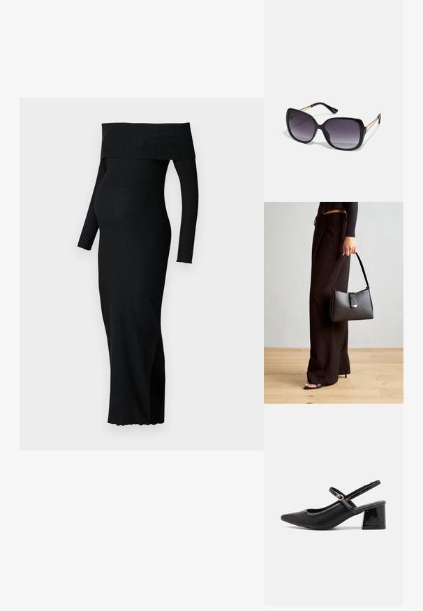 ONLY MATERNITY OLMESMERALDA DRESS - Jerseykjole - black; Sorte lakk lær slingback hæler med spiss tå, et avrundet utskjæringsdesign og blokkheel. Har en gulltone spenne som detalj.; Sorte oversized solbriller med gradient linser, tykke rammer og detaljering med gulltonekjede på tempelarmene.; Svart håndveske med strukturert form, jevn tekstur og metallisk lås. Kombinert med brede svarte bukser og sandaler med åpen tå på tregulv.