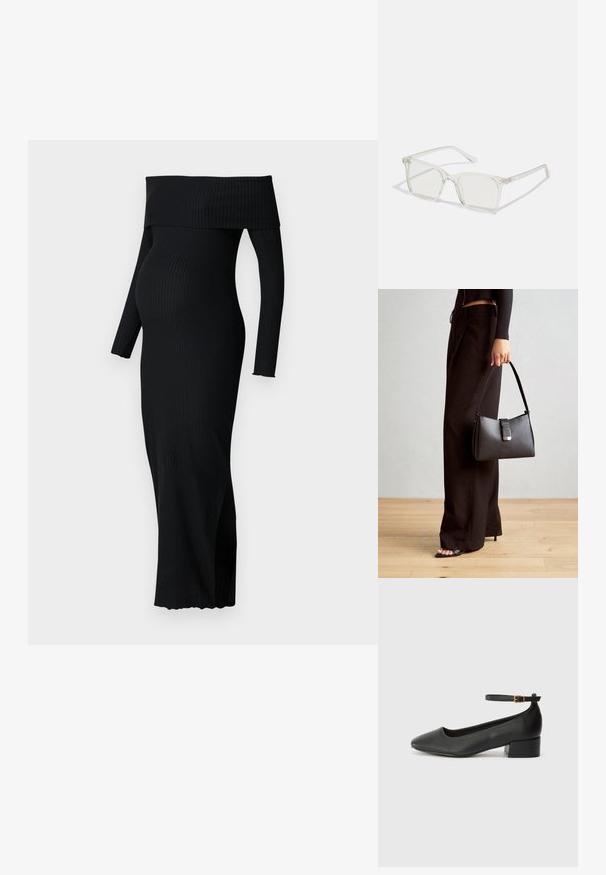 ONLY MATERNITY OLMESMERALDA DRESS - Vestido de malha - black; Sandal de pele preta com bico pontiagudo e um salto bloco baixo. Apresenta uma tira no tornozelo com uma fivela em tom dourado. Textura suave.; Óculos quadrados de plástico transparente com lentes translúcidas, apresentando detalhes em dourado nas hastes.; Bolsa preta com forma estruturada, textura suave e um fecho metálico. Combinada com calças largas pretas e sandálias de salto aberto sobre um chão de madeira.