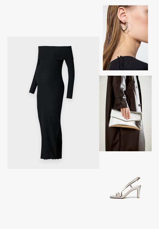 ONLY MATERNITY OLMESMERALDA czarny; Srebrne metaliczne sandały na wysokim obcasie z odkrytymi palcami, z trzema cienkimi paskami na stopie i paskiem na kostkę z klamrą.; Srebrna metaliczna kopertówka o kształcie kątowym, gładka w dotyku, z kontrastowym kolorem wewnątrz, trzymana w ręce noszącej czarny płaszcz.; Srebrny kolczyk w kształcie koła z polerowanym wykończeniem, z małymi złotymi akcentami, noszony na płatku ucha.