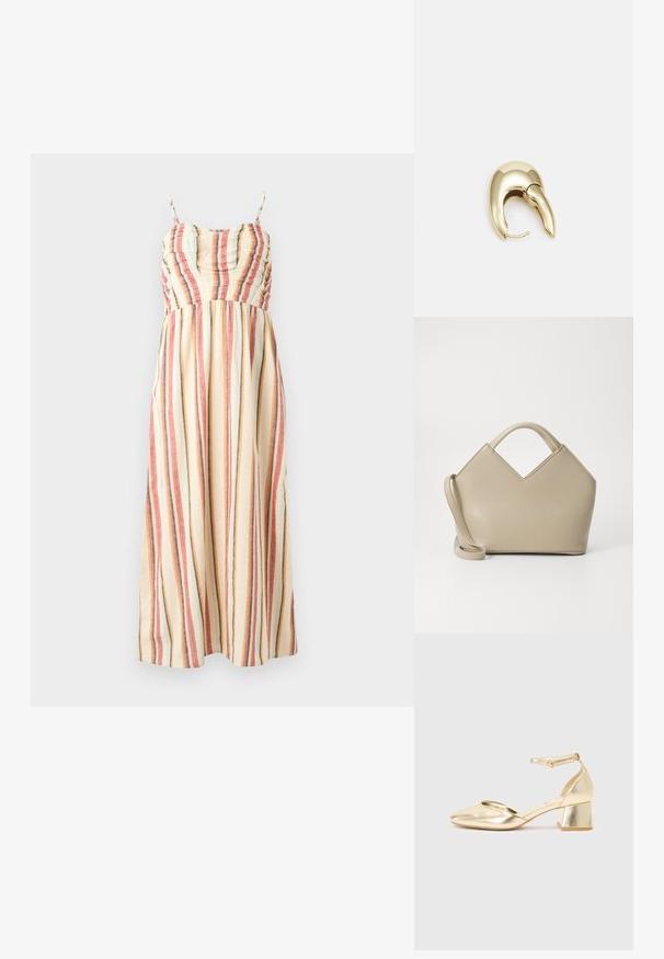 Maxi dress in cream fabric with multicolored vertical stripes in red, blue, and gray. Features spaghetti straps and a gathered bodice.; Gold metallic heeled shoes with a rounded toe, ankle strap, and a low block heel. Smooth texture with a glossy finish.; Beige structured handbag with a V-shaped top, smooth leather material, short handles, and a long adjustable strap. Minimalist design.; Gold-tone metal earring with a sleek, curved design. Features a distinctive pointed shape, polished surface, and hinge closure.