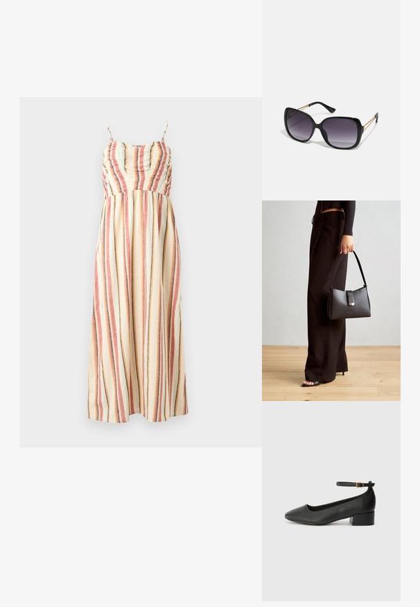 Maxikjole i kremfarget stoff med flerfargede vertikale striper i rød, blå og grå. Har spaghetti stropper og en rynket bodice.; Sorte skinnpumper med spiss tå og lav blokkhelt. Har ankelrem med gullfarget spenne. Glatt tekstur.; Sorte oversized solbriller med gradient linser, tykke rammer og detaljering med gulltonekjede på tempelarmene.; Svart håndveske med strukturert form, jevn tekstur og metallisk lås. Kombinert med brede svarte bukser og sandaler med åpen tå på tregulv.