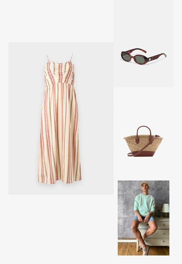 Maxi šaty z krémové tkaniny s vícebarevnými vertikálními pruhy v červené, modré a šedé barvě. Mají tenké ramínka a nařasenou sukni.; Mátově zelená mikina, džíny šortky a olivově zelené slip-on boty. Sedící na světlé komodě proti texturované šedé zdi.; Sluneční brýle ve stylu želvoviny s tmavými skly, oválným tvarem a širokými obrubami. Na boční straně je malý zlatý akcent. Hladký plastový materiál.; Tkaný slaměný košík s hnědými koženými akcenty, dvěma uchy a odnímatelným popruhem. Zakřivený tvar se silným dnem.
