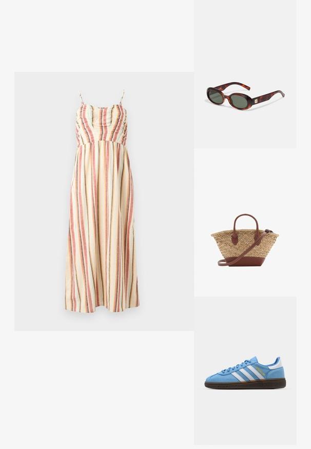 Maxi šaty z krémovej látky s viacfarebnými vertikálnymi pruhmi v červenej, modrej a sivej farbe. Majú tenké ramienka a zberaný korzet.; Svetlomodré semišové tenisky s bielymi koženými pruhmi, hnedou štruktúrovanou podrážkou a zlatým logom. Nízky strih s okrúhlou špičkou.; Okuliare s korytnačími škrupinami s tmavými sklami, oválnym tvarom a širokými ramenami. Majú malý zlatý akcent na boku. Hladký plastový materiál.; Tkaný košík z prútia so hnedými koženými akcentmi, dvoma rúčkami a odnímateľným popruhom. Zakrivený tvar s pevným dnom.