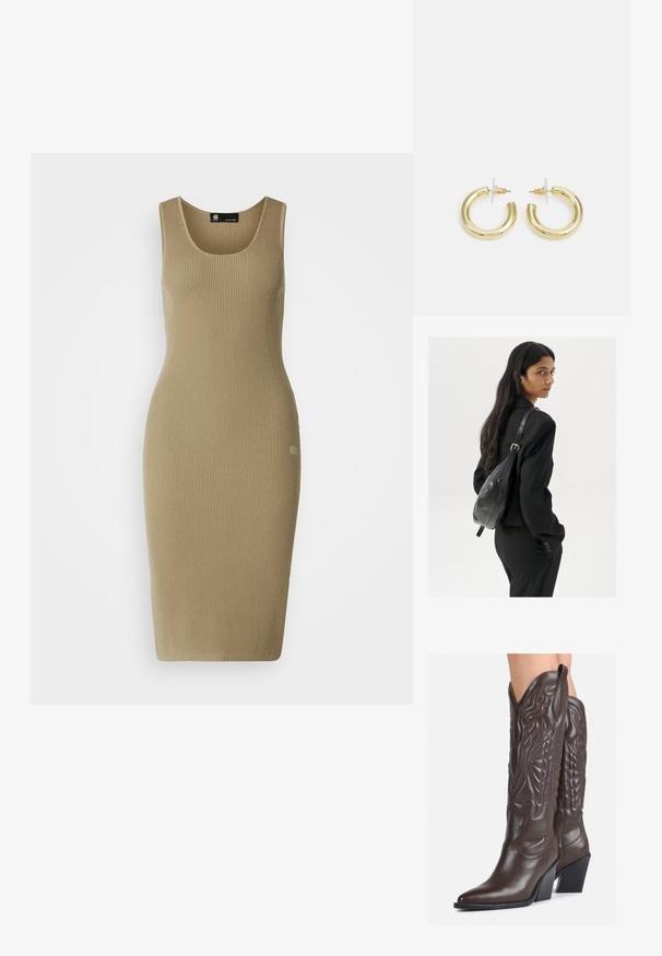 Bežinė įrengta midi suknelė su kiekybine siluetu, plačiomis apykaklėmis ir be rankovių dizainu, demonstruojanti tekstūruotą mezgimo medžiagą.; Rudos odinės kaubojaus batai su smailiu priekiu ir blokuotu kulnu, pasižymintys detaliu siuvinėjimu ir iškiliais akcentais ant ašies.; Moteris su ilgais tamsiais plaukais, vilkinti juodą kostiumą, nešanti juodą odinę rankinę per petį, žvelgia per petį prieš balto fono.; Aukso auskarai su lygiu, blizgiu paviršiumi. Apvalus dizainas su maža užrakto dalimi ir skaidria atrama saugiam nešiojimui.