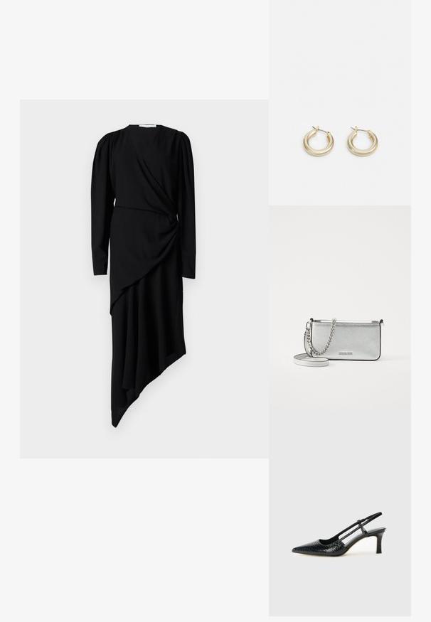 Čierne šaty s dlhým rukávom majú zavinovací dizajn, asymetrický lem a nariasenie v oblasti pásu vyrobené z hladkého materiálu.; Čierne patentové slingback topánky na ihlovom podpätku s špicatou špičkou, s textúrovaným hadím vzorom, nastaviteľným popruhom a krátkym, textúrovaným blokovým podpätkom.; Strieborná kožená crossbody taška s textúrovaným povrchom, reťazcovými a ramennými akcentmi a zipsovým uzáverom. Na prednej strane sa nachádza logo.; Lauren Ralph Lauren BASIC SMALL HOOP - Náušnice - gold-coloured