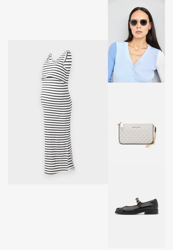 Svītrainā grūtniecības kleitā melnbaltā krāsā, bez piedurknēm, ar pieguļošu siluetu un sānu šķēlumu, izgatavota no ribota auduma.; Melno lakota Mary Jane kurpe ar apaļo purngalu, plakanu papēdi un siksniņu ar zeltītu aplīša sprādzi. Gluda tekstūra un spīdīga apdare.; Apaļas saulesbrilles ar tumšiem objektīviem un zeltītām rāmēm. Modelis valkā gaiši zilu, ribotu kardigānu ar pogām un kontrastējošām baltām piedurknēm.; Michaela Korsa rokassomi bez̦ā īšojuma, kas izgatavota no apklāta kanvas, iekļaujot atkārtotu MK logotipa rakstu, zelta aparatūru un noņemamu ķēdes siksnu.