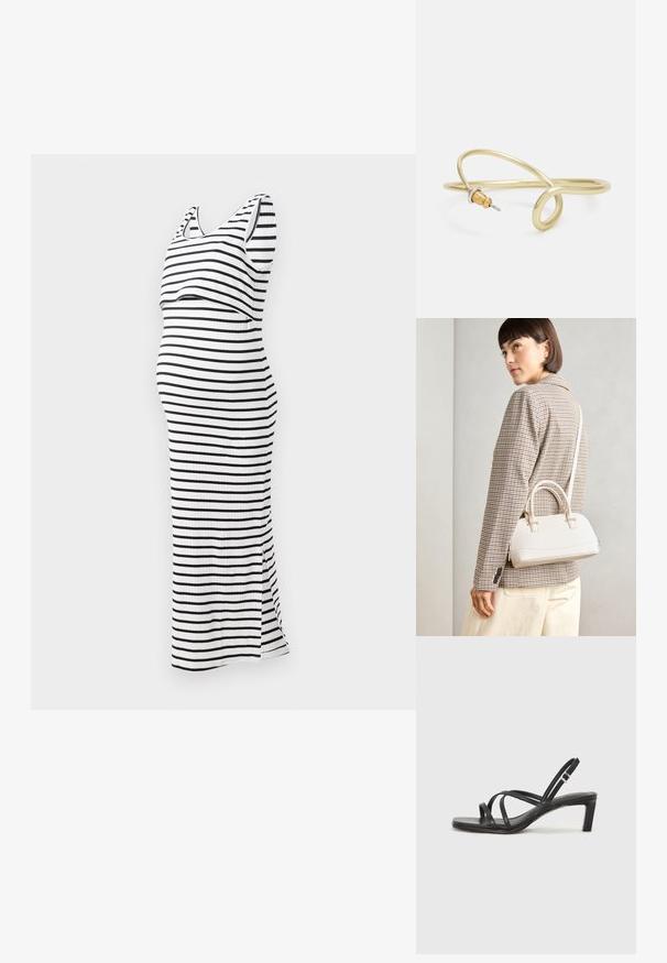 Črtasta nosečniška obleka v črno-beli barvi, brez rokavov, s prilegajočim se krojem in stranskim razporkom, izdelana iz rebraste tkanine.; Črne natikače s trakovi in kvadratnim prstom ter nizkim blokastim peto. Imajo več tankih trakov in nastavljiv trak okoli gležnja. Narejene so iz gladkega usnja.; Bela strukturirana torba z kratkimi ročaji in naramnim trakom, z zlatimi okrasnimi elementi in teksturiranim materialom, prikazana na sivi podlagi.; Zlato obarvan kovinski zapestnica s tekočim, ukrivljenim dizajnom. Ima majhen, izstopajoč srebrn poudarek na enem koncu.