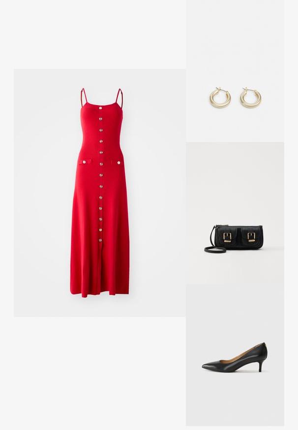 Červené pletené maxi šaty s tenkými ramínky, předním zapínáním na knoflíky a dvěma náprsními kapsami. Mají žebrovanou texturu a přiléhavý střih.; Černé kožené lodičky s špičatou špičkou, nízkým podpatkem a hladkým povrchem. Mají mírné otevření vpředu a minimální kovové prvky na zadní straně.; Černá kožená crossbody taška se dvěma předními kapsami, zlatými přezkami, zipovým uzávěrem a štíhlým popruhem. Texturovaný povrch a kompaktní obdélníkový tvar.; Lauren Ralph Lauren BASIC SMALL HOOP - Náušnice - gold-coloured