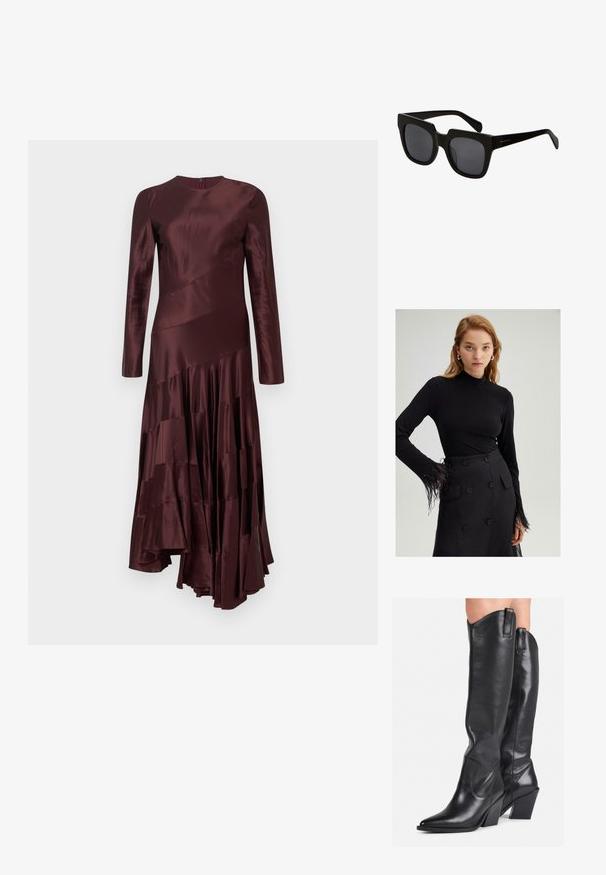 Rochie din satin burgund cu mâneci lungi și decolteu rotund, având tiv stratificat asimetric și design cu panouri diagonale.; Top negru cu maneci lungi, cu guler înalt și accente de pene pe mansete, asortat cu o fustă neagră cu talie înaltă, prevăzută cu nasturi mari.; Cizme negre din piele, până la genunchi, cu vârf ascuțit, ioni curbat și toc masiv. Au o textură netedă și bucle pentru a fi trase pe sus.; Ochelari de soare negri, cu lentile rectangulare și rame groase din plastic. Brațele sunt elegante, cu un finisaj lucios și un branding minim.; Geantă de mână din piele neagră, cu un design curbat, accesorii de culoare aurie și un mâner de sus. Dispune de o închidere elegantă și o textură netedă.